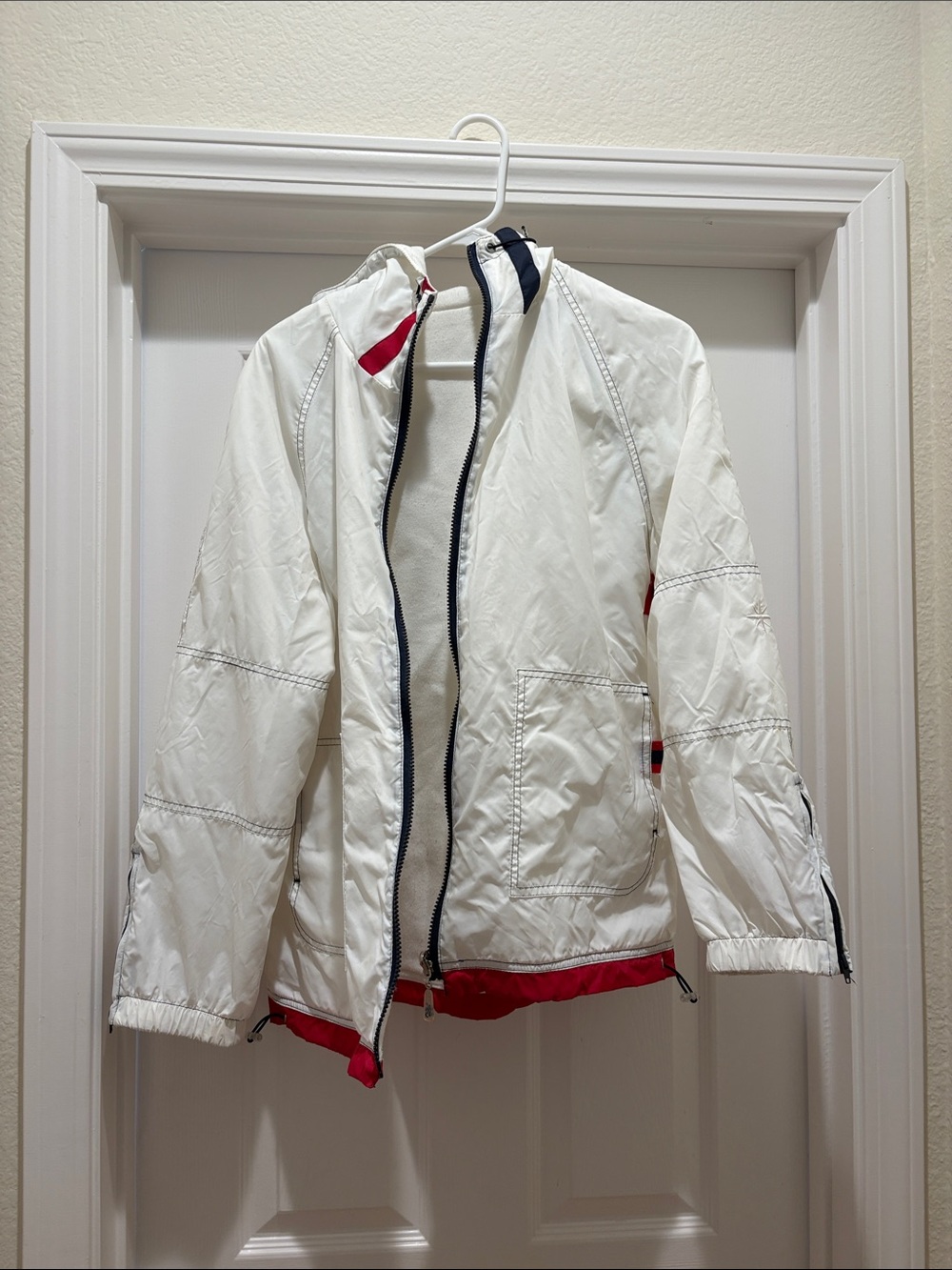 Women's White reversible Jacket with Red Trim and Hood